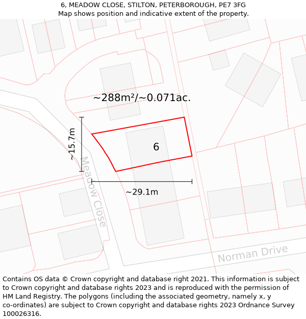 6, MEADOW CLOSE, STILTON, PETERBOROUGH, PE7 3FG: Plot and title map