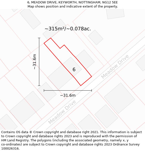 6, MEADOW DRIVE, KEYWORTH, NOTTINGHAM, NG12 5EE: Plot and title map