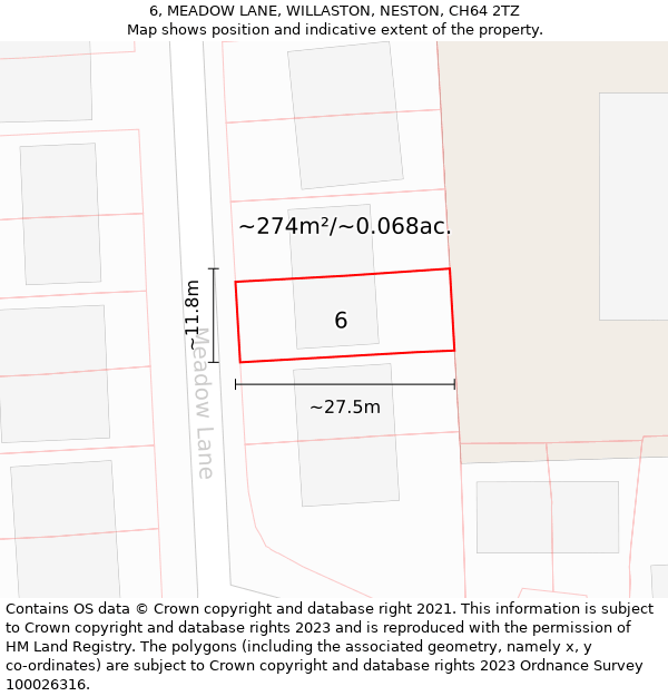 6, MEADOW LANE, WILLASTON, NESTON, CH64 2TZ: Plot and title map