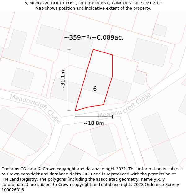 6, MEADOWCROFT CLOSE, OTTERBOURNE, WINCHESTER, SO21 2HD: Plot and title map