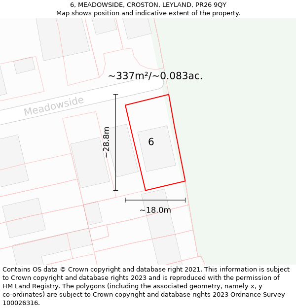 6, MEADOWSIDE, CROSTON, LEYLAND, PR26 9QY: Plot and title map