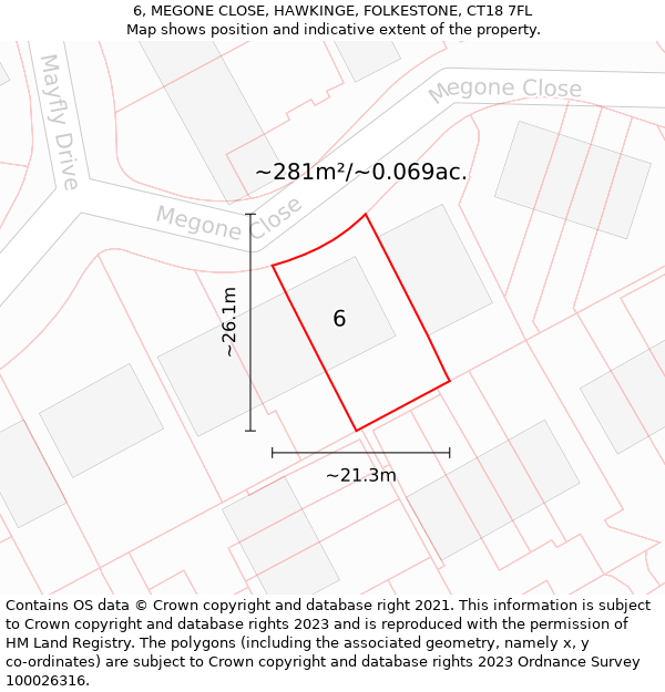 6, MEGONE CLOSE, HAWKINGE, FOLKESTONE, CT18 7FL: Plot and title map