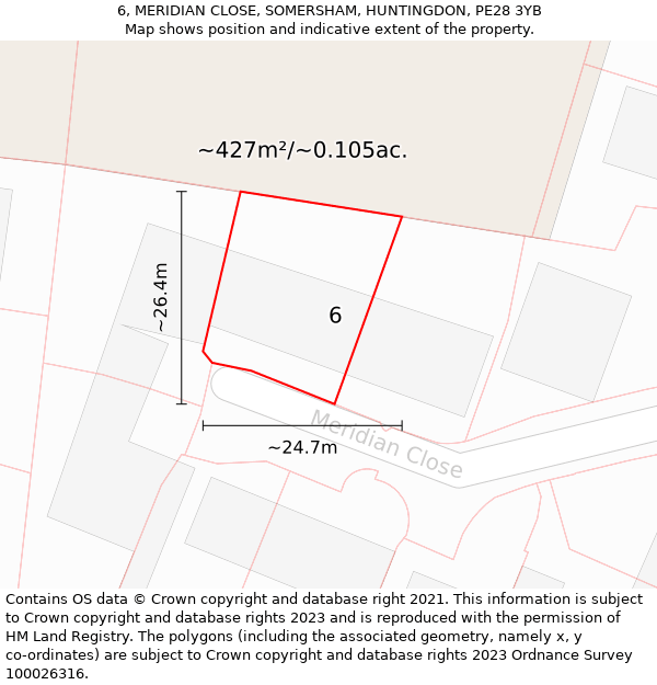 6, MERIDIAN CLOSE, SOMERSHAM, HUNTINGDON, PE28 3YB: Plot and title map