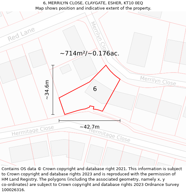 6, MERRILYN CLOSE, CLAYGATE, ESHER, KT10 0EQ: Plot and title map