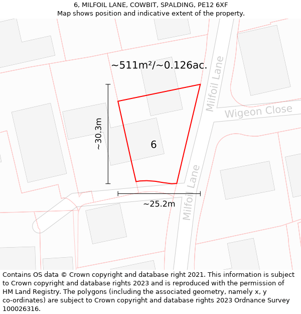 6, MILFOIL LANE, COWBIT, SPALDING, PE12 6XF: Plot and title map