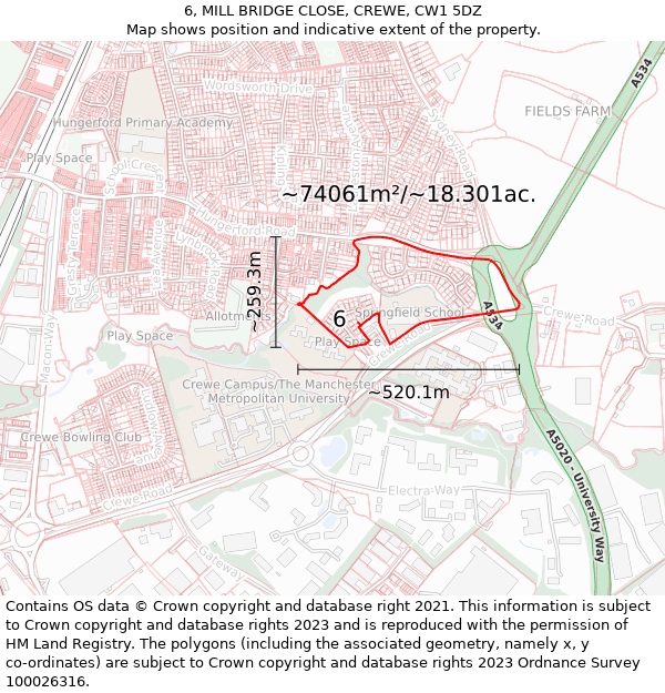 6, MILL BRIDGE CLOSE, CREWE, CW1 5DZ: Plot and title map