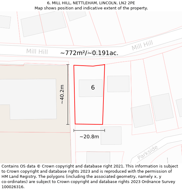 6, MILL HILL, NETTLEHAM, LINCOLN, LN2 2PE: Plot and title map