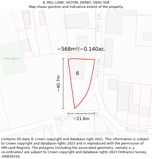 6, MILL LANE, HILTON, DERBY, DE65 5GP: Plot and title map