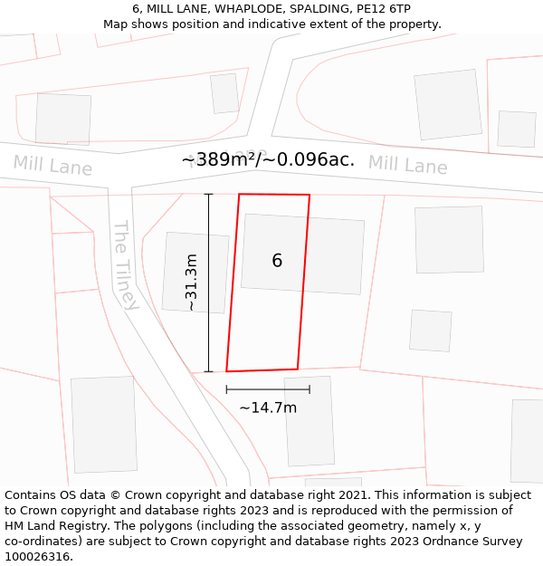 6, MILL LANE, WHAPLODE, SPALDING, PE12 6TP: Plot and title map