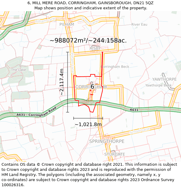 6, MILL MERE ROAD, CORRINGHAM, GAINSBOROUGH, DN21 5QZ: Plot and title map