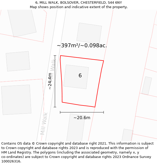 6, MILL WALK, BOLSOVER, CHESTERFIELD, S44 6NY: Plot and title map