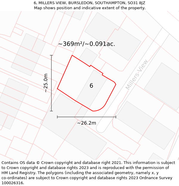 6, MILLERS VIEW, BURSLEDON, SOUTHAMPTON, SO31 8JZ: Plot and title map