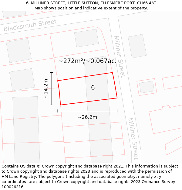 6, MILLINER STREET, LITTLE SUTTON, ELLESMERE PORT, CH66 4AT: Plot and title map