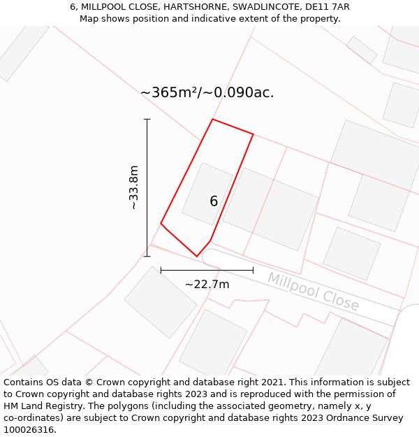 6, MILLPOOL CLOSE, HARTSHORNE, SWADLINCOTE, DE11 7AR: Plot and title map