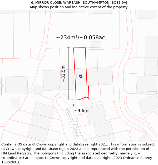 6, MIRROR CLOSE, WARSASH, SOUTHAMPTON, SO31 9AJ: Plot and title map