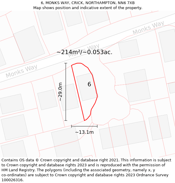 6, MONKS WAY, CRICK, NORTHAMPTON, NN6 7XB: Plot and title map