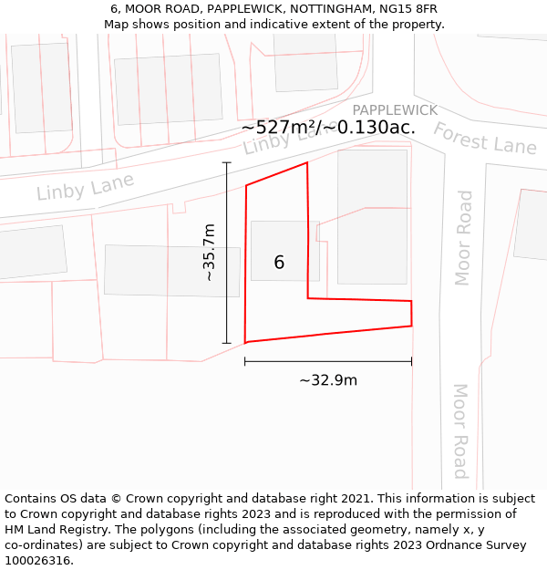 6, MOOR ROAD, PAPPLEWICK, NOTTINGHAM, NG15 8FR: Plot and title map