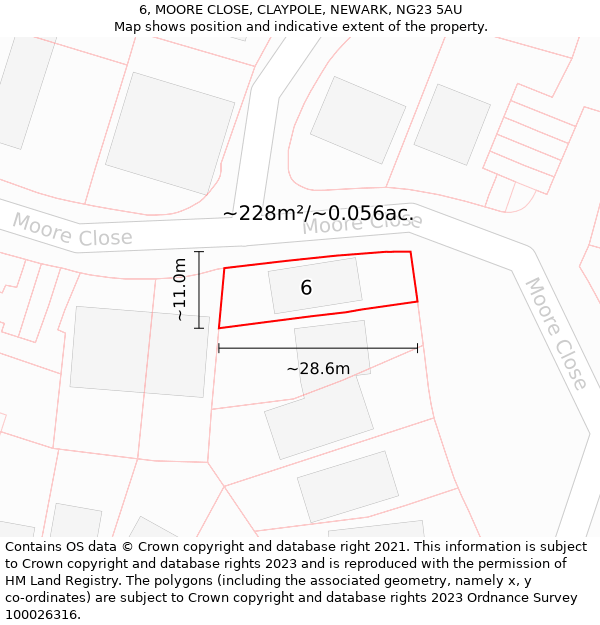 6, MOORE CLOSE, CLAYPOLE, NEWARK, NG23 5AU: Plot and title map