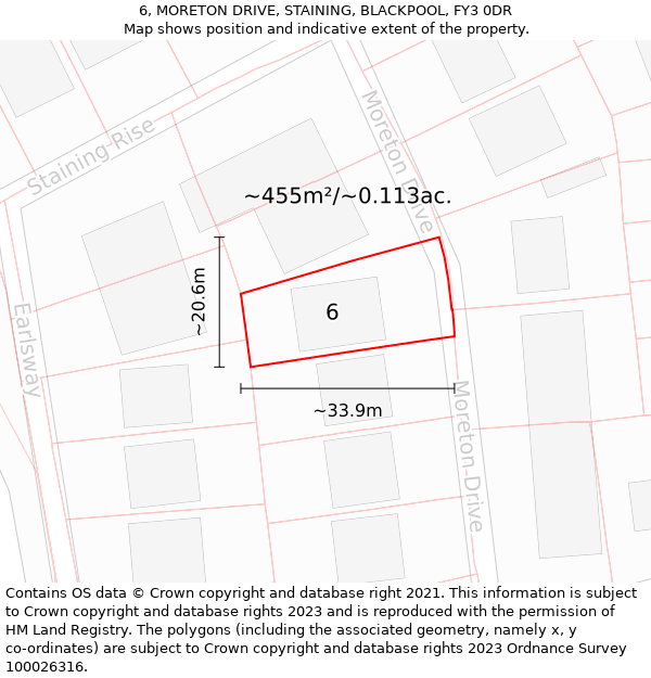 6, MORETON DRIVE, STAINING, BLACKPOOL, FY3 0DR: Plot and title map