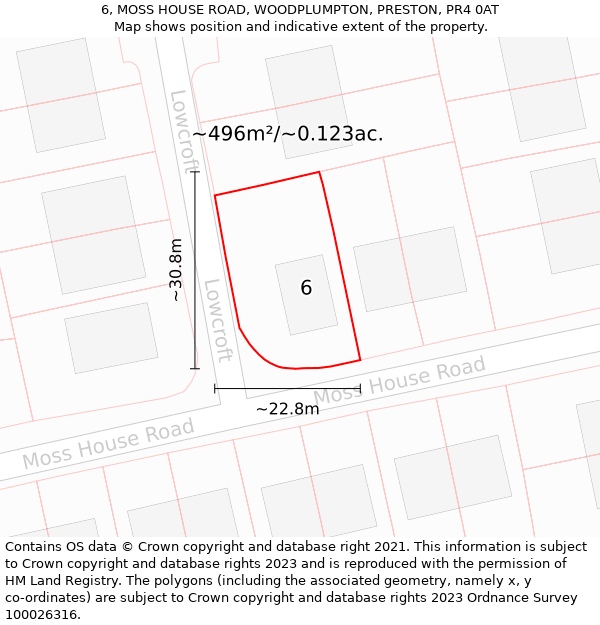 6, MOSS HOUSE ROAD, WOODPLUMPTON, PRESTON, PR4 0AT: Plot and title map