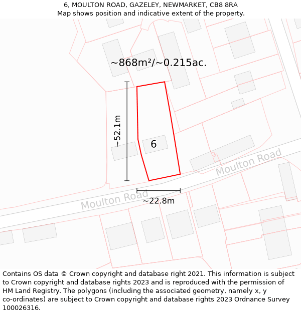 6, MOULTON ROAD, GAZELEY, NEWMARKET, CB8 8RA: Plot and title map