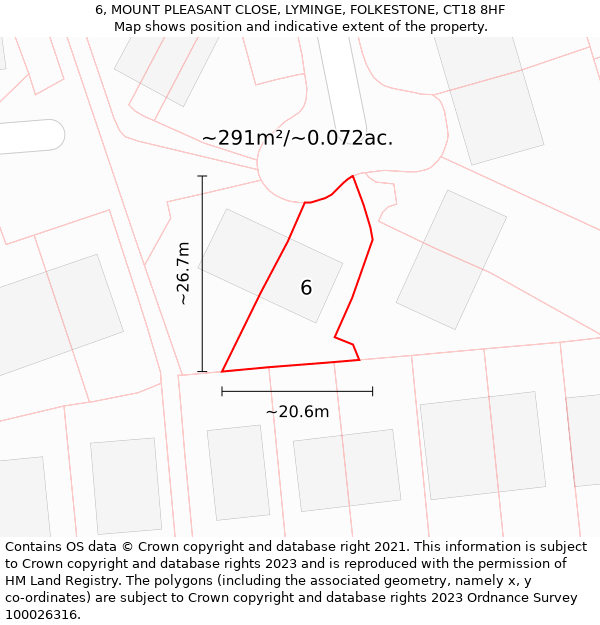 6, MOUNT PLEASANT CLOSE, LYMINGE, FOLKESTONE, CT18 8HF: Plot and title map