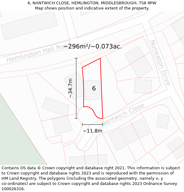 6, NANTWICH CLOSE, HEMLINGTON, MIDDLESBROUGH, TS8 9PW: Plot and title map