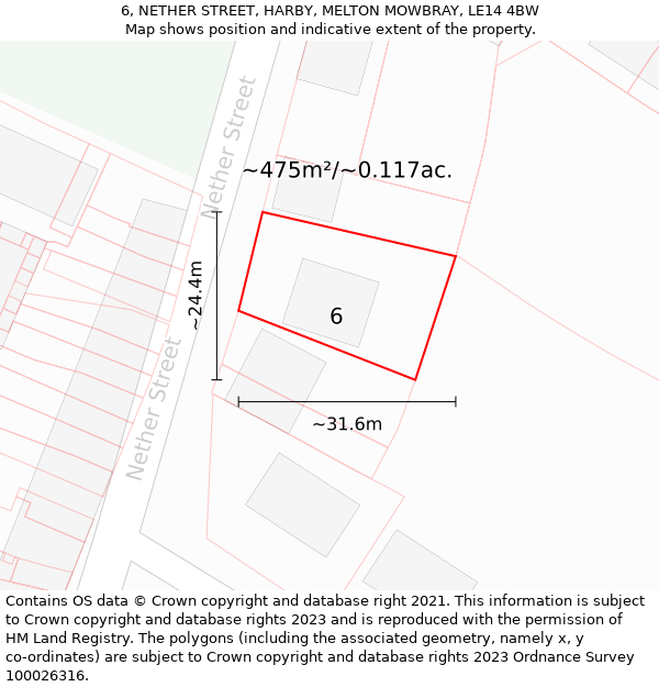 6, NETHER STREET, HARBY, MELTON MOWBRAY, LE14 4BW: Plot and title map