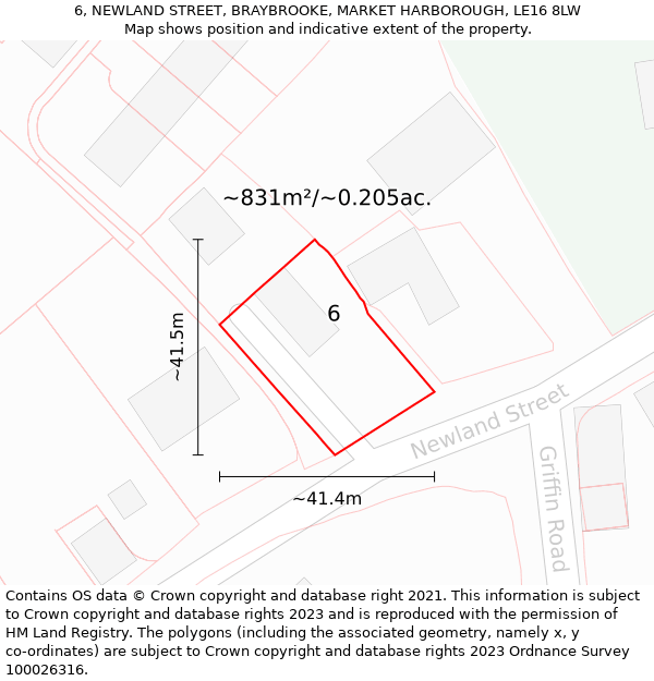 6, NEWLAND STREET, BRAYBROOKE, MARKET HARBOROUGH, LE16 8LW: Plot and title map