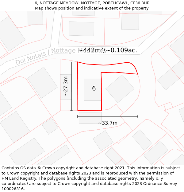 6, NOTTAGE MEADOW, NOTTAGE, PORTHCAWL, CF36 3HP: Plot and title map