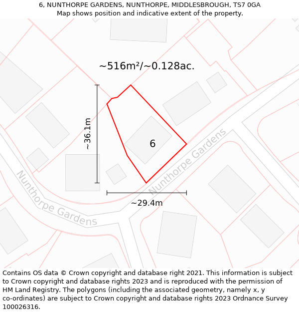 6, NUNTHORPE GARDENS, NUNTHORPE, MIDDLESBROUGH, TS7 0GA: Plot and title map