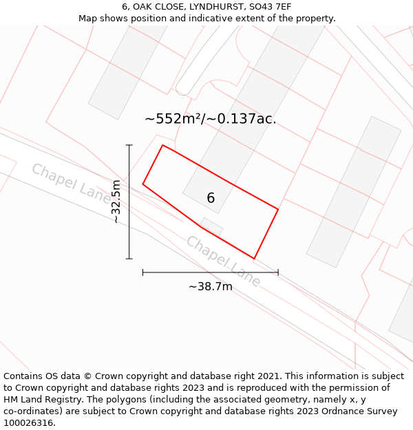 6, OAK CLOSE, LYNDHURST, SO43 7EF: Plot and title map