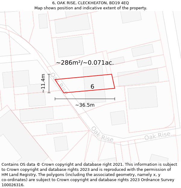 6, OAK RISE, CLECKHEATON, BD19 4EQ: Plot and title map