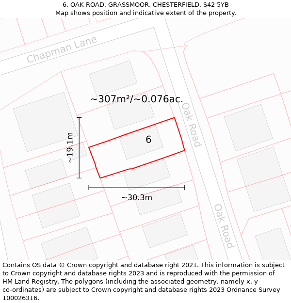 6, OAK ROAD, GRASSMOOR, CHESTERFIELD, S42 5YB: Plot and title map