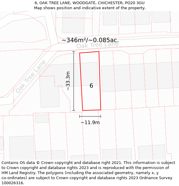 6, OAK TREE LANE, WOODGATE, CHICHESTER, PO20 3GU: Plot and title map