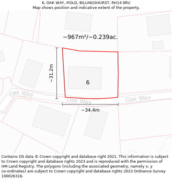 6, OAK WAY, IFOLD, BILLINGSHURST, RH14 0RU: Plot and title map