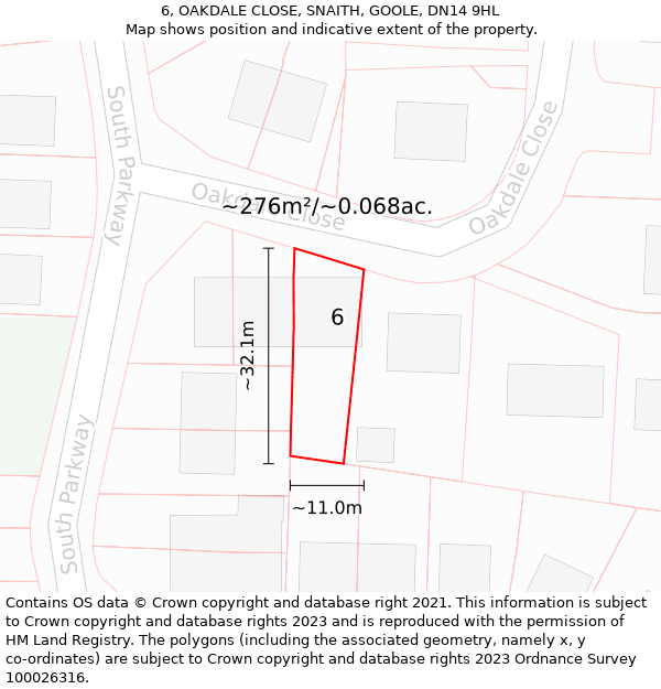 6, OAKDALE CLOSE, SNAITH, GOOLE, DN14 9HL: Plot and title map