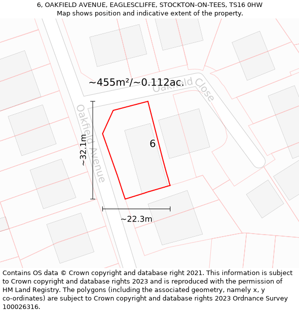 6, OAKFIELD AVENUE, EAGLESCLIFFE, STOCKTON-ON-TEES, TS16 0HW: Plot and title map