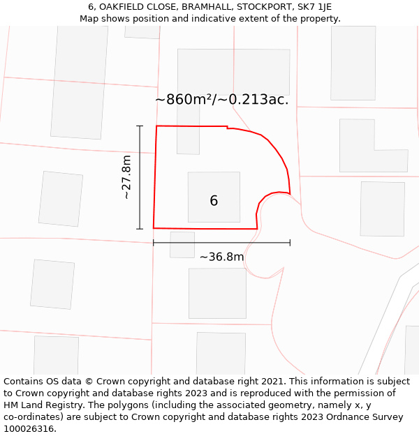 6, OAKFIELD CLOSE, BRAMHALL, STOCKPORT, SK7 1JE: Plot and title map