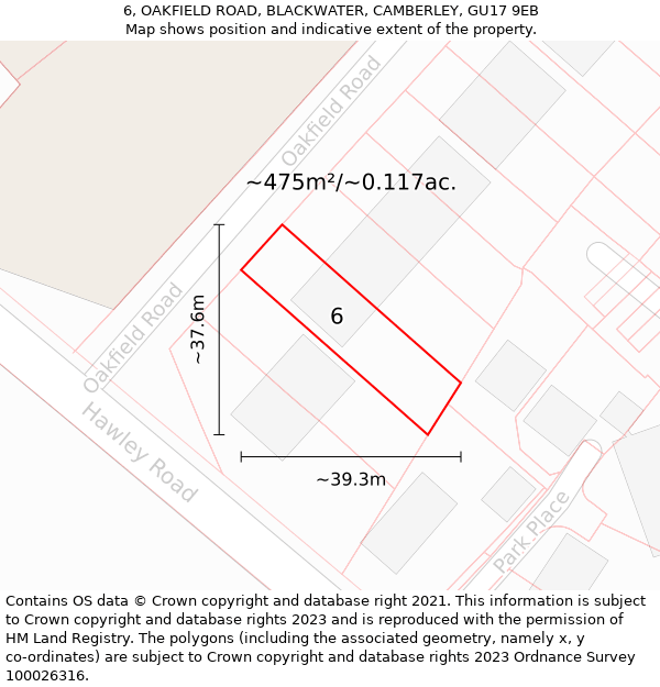 6, OAKFIELD ROAD, BLACKWATER, CAMBERLEY, GU17 9EB: Plot and title map