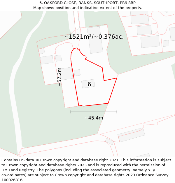 6, OAKFORD CLOSE, BANKS, SOUTHPORT, PR9 8BP: Plot and title map