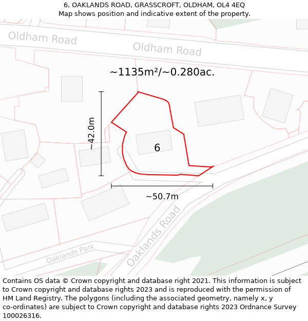 6, OAKLANDS ROAD, GRASSCROFT, OLDHAM, OL4 4EQ: Plot and title map