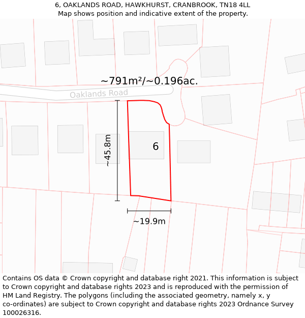 6, OAKLANDS ROAD, HAWKHURST, CRANBROOK, TN18 4LL: Plot and title map