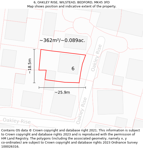 6, OAKLEY RISE, WILSTEAD, BEDFORD, MK45 3FD: Plot and title map