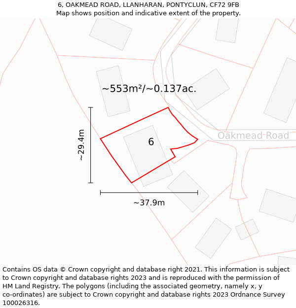 6, OAKMEAD ROAD, LLANHARAN, PONTYCLUN, CF72 9FB: Plot and title map