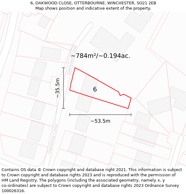 6, OAKWOOD CLOSE, OTTERBOURNE, WINCHESTER, SO21 2EB: Plot and title map