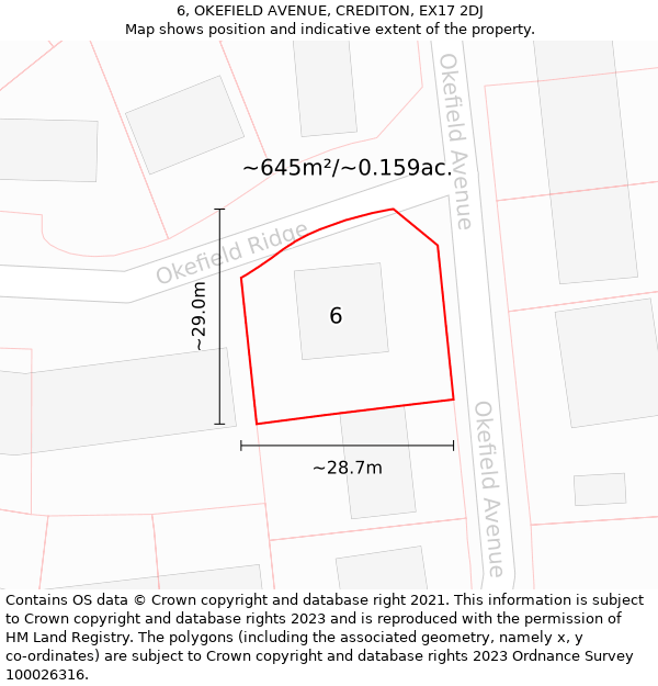 6, OKEFIELD AVENUE, CREDITON, EX17 2DJ: Plot and title map