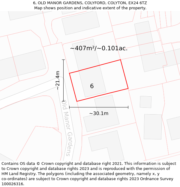 6, OLD MANOR GARDENS, COLYFORD, COLYTON, EX24 6TZ: Plot and title map