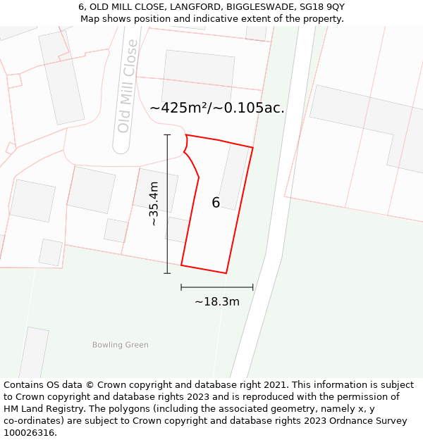 6, OLD MILL CLOSE, LANGFORD, BIGGLESWADE, SG18 9QY: Plot and title map