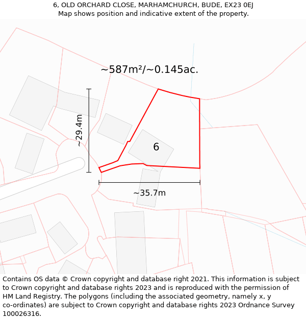 6, OLD ORCHARD CLOSE, MARHAMCHURCH, BUDE, EX23 0EJ: Plot and title map